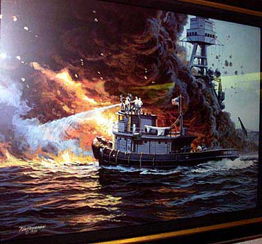 USS Hoga at the Bombing of Pearl Harbor Painting of USS Hoga fighting fires 