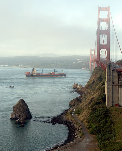 Freighter Embarking Through the Golden Gate