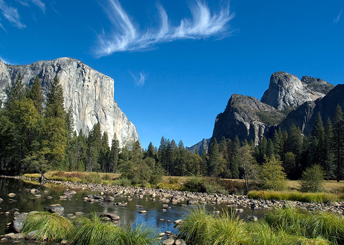 El Capitan and Cathedral Rocks Viewed From Merced River in Yosemite Valley