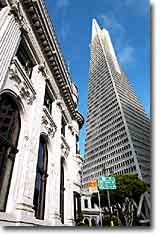 Fugazi Bank Building and Transamerica Pyramid. Photograph copyright &copy; 2003 by Alvis E Hendley.