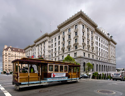 The Fairmont Hotel and the California Street cable car, San Francisco. Photograph copyright &copy; 2003 by Alvis E Hendley.